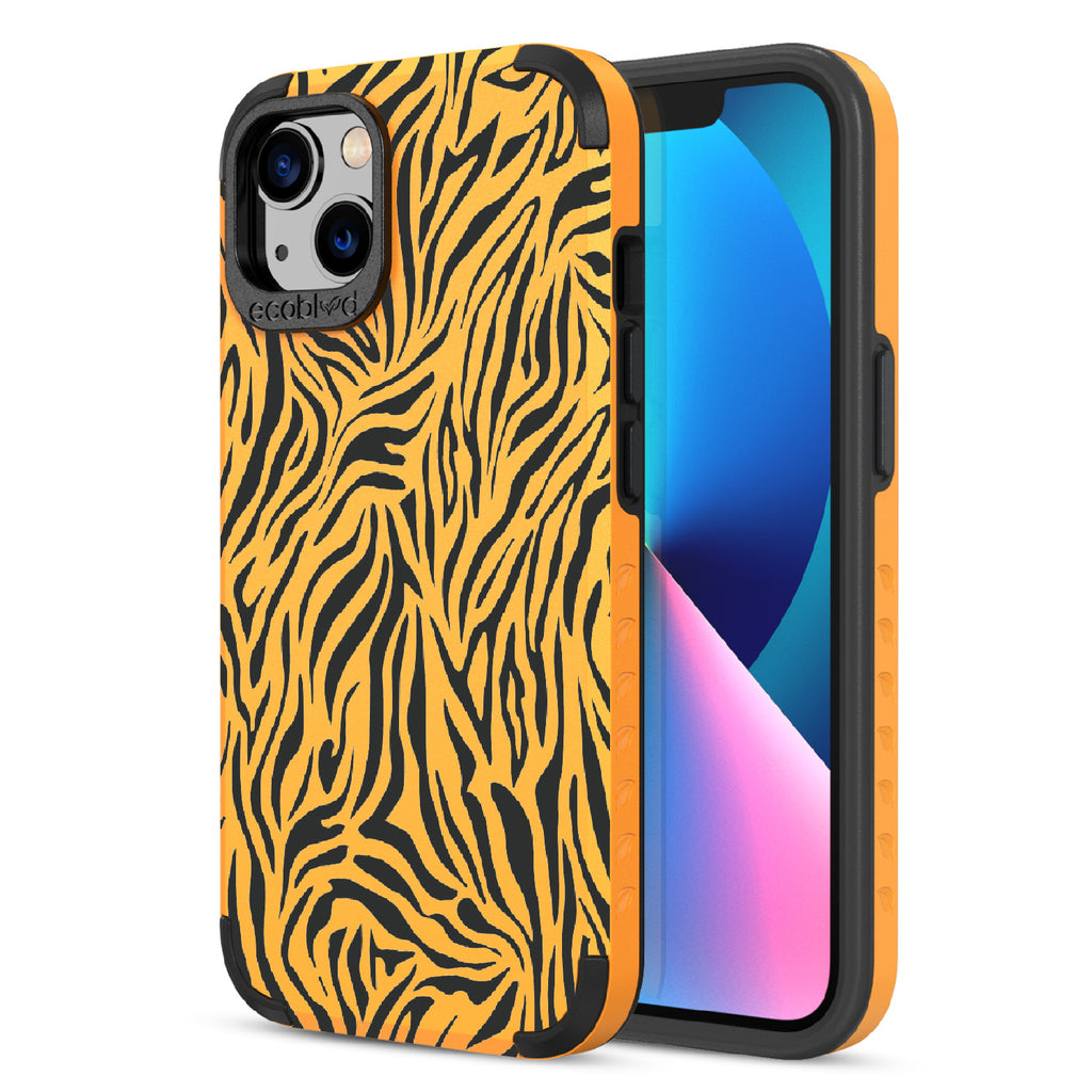 Zebra Print - Back View Of Yellow & Eco-Friendly Rugged iPhone 13 Case & A Front View Of The Screen