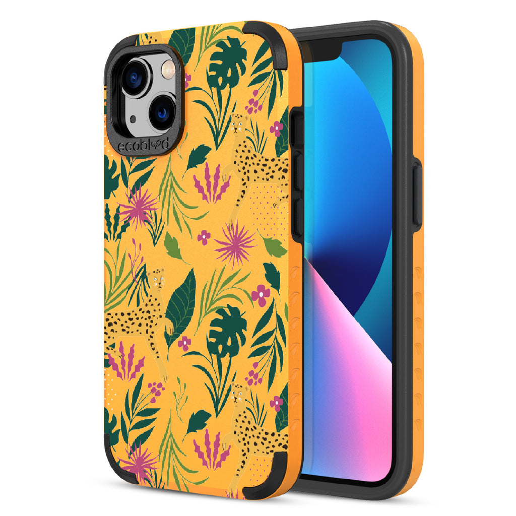 Jungle Boogie - Back Of Yellow & Eco-Friendly Rugged iPhone 13 Case & A Front View Of The Screen