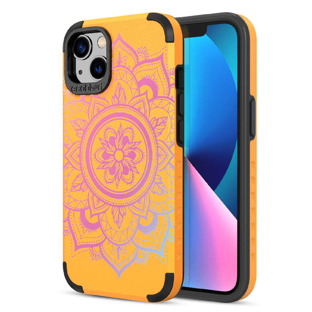Mandala - Back View Of Yellow & Eco-Friendly Rugged iPhone 13 Case & A Front View Of The Screen