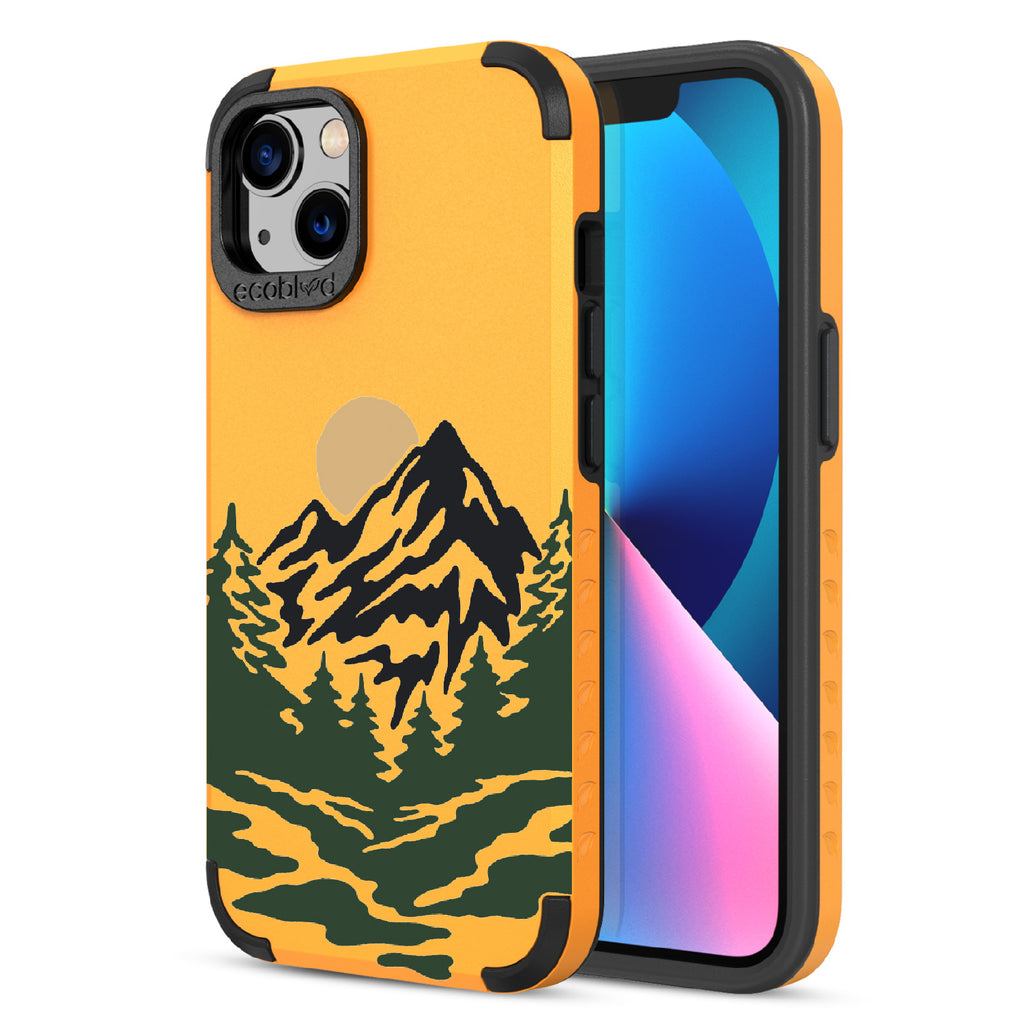 Mountains - Back View Of Yellow & Eco-Friendly Rugged iPhone 13 Case & A Front View Of The Screen