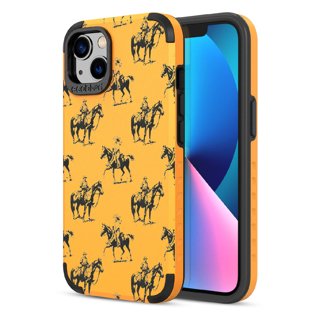 Horsin' Around - Back View Of Yellow & Eco-Friendly Rugged iPhone 13 Case & A Front View Of The Screen