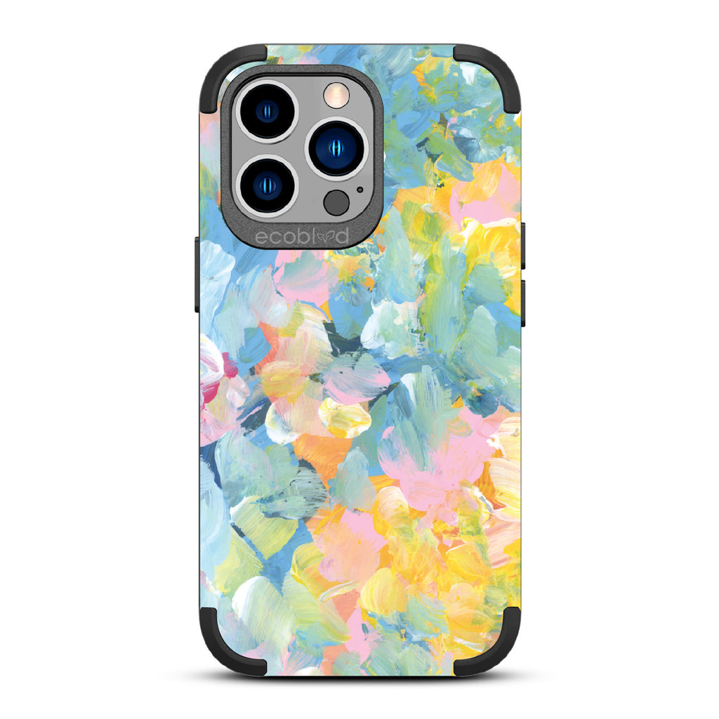 Spring Feeling - Black Rugged Eco-Friendly iPhone 13 Pro Case With Pastel Acrylic Abstract Paint Smears & Blots On Back