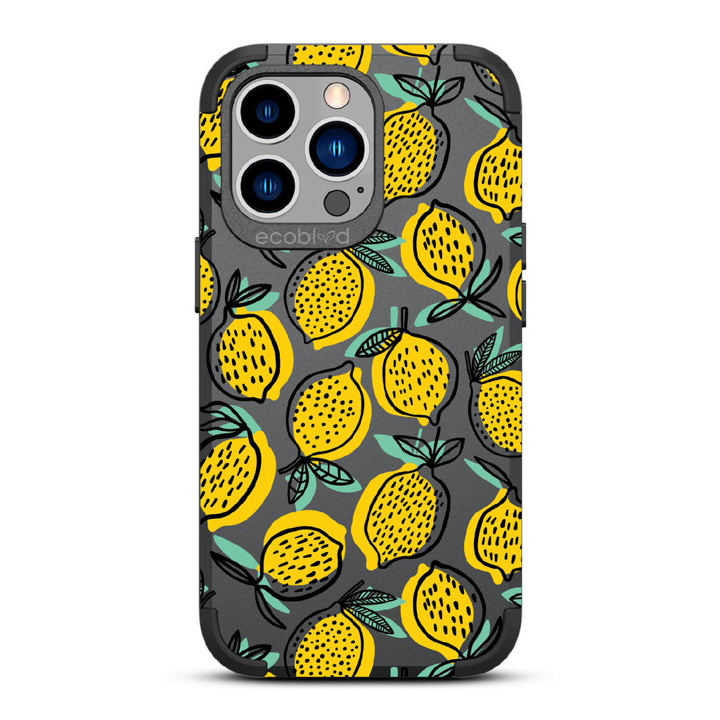 Lemon Drop - Black Rugged Eco-Friendly iPhone 13 Pro Case With Retro Lemon Print On Back 