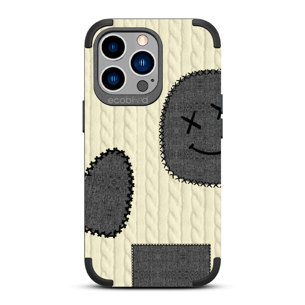 All Patched Up - Cable Knit With Patches of Heart + Happy Face - Black Eco-Friendly Rugged iPhone 12/13 Pro Max Case  