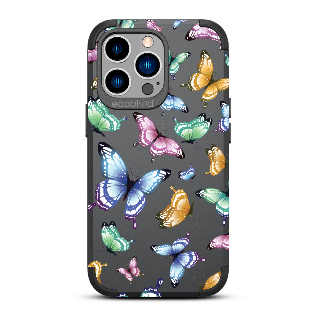 Social Butterfly - Black Rugged Eco-Friendly iPhone 13 Pro Case With Colorful Butterflies On Back