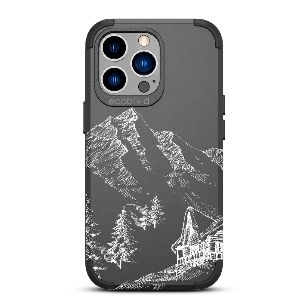 Cabin Retreat - Black Rugged Eco-Friendly iPhone 12/13 Pro Max Case With Hand-Drawn Snowy Mountainside Wood Cabin