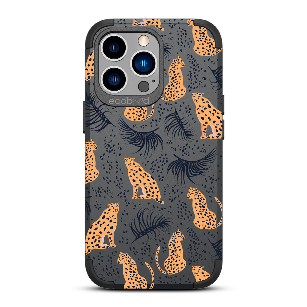 Feline Fierce - Black Rugged Eco-Friendly iPhone 13 Pro Case With Minimalist Cheetahs With Spots and Reeds