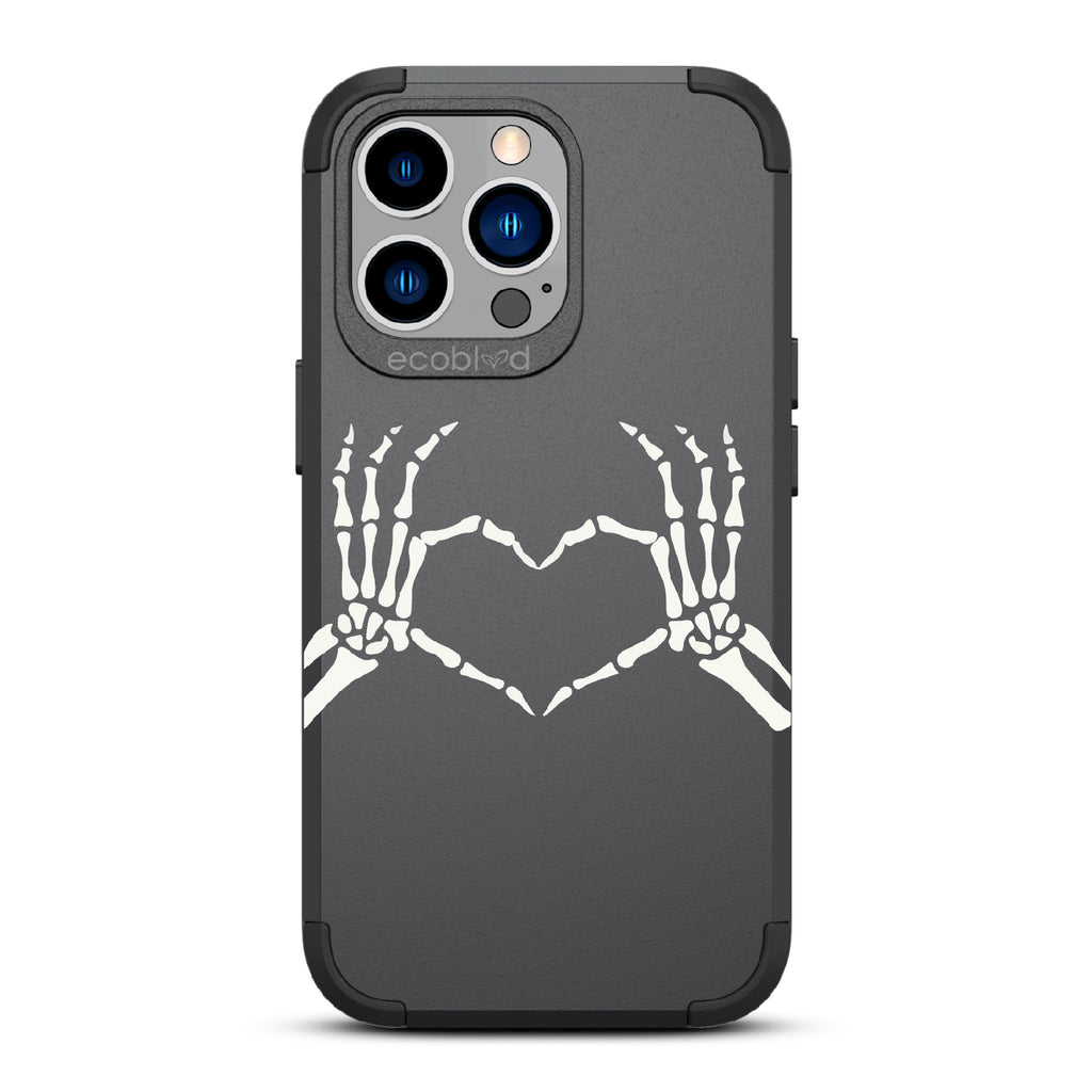 Til Death - Black Rugged Eco-Friendly iPhone 13 Pro Case With Skeletal Hands Forming A Heart On Back
