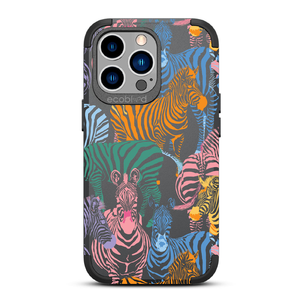 Colorful Herd - Black Rugged Eco-Friendly iPhone 13 Pro Case With Zebras in Multiple Colors