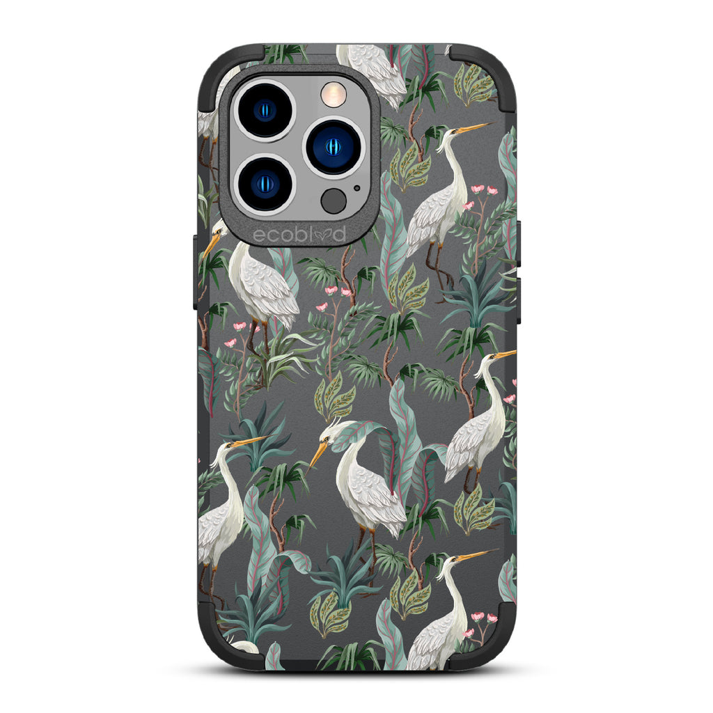 Flock Together - Black Rugged Eco-Friendly iPhone 12/13 Pro Max Case With Herons & Peonies On A Clear Back