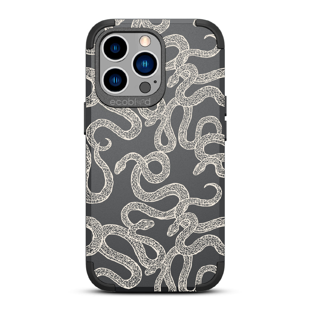 Slithering Serpent - Black Rugged Eco-Friendly iPhone 13 Pro Case With Diamondback Snakes On Back