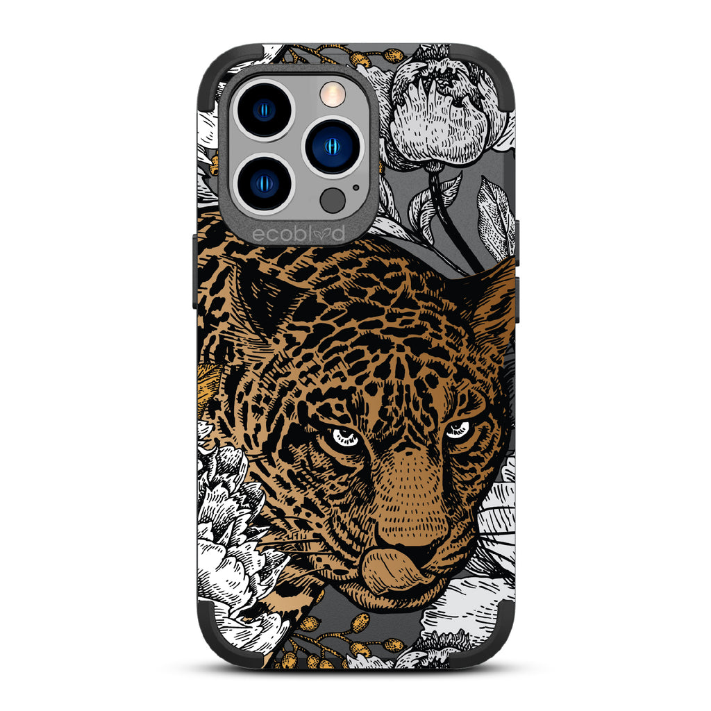 Purrfectly Striking - Black Rugged Eco-Friendly iPhone 13 Pro With Leopard, Black/Grey Flowers