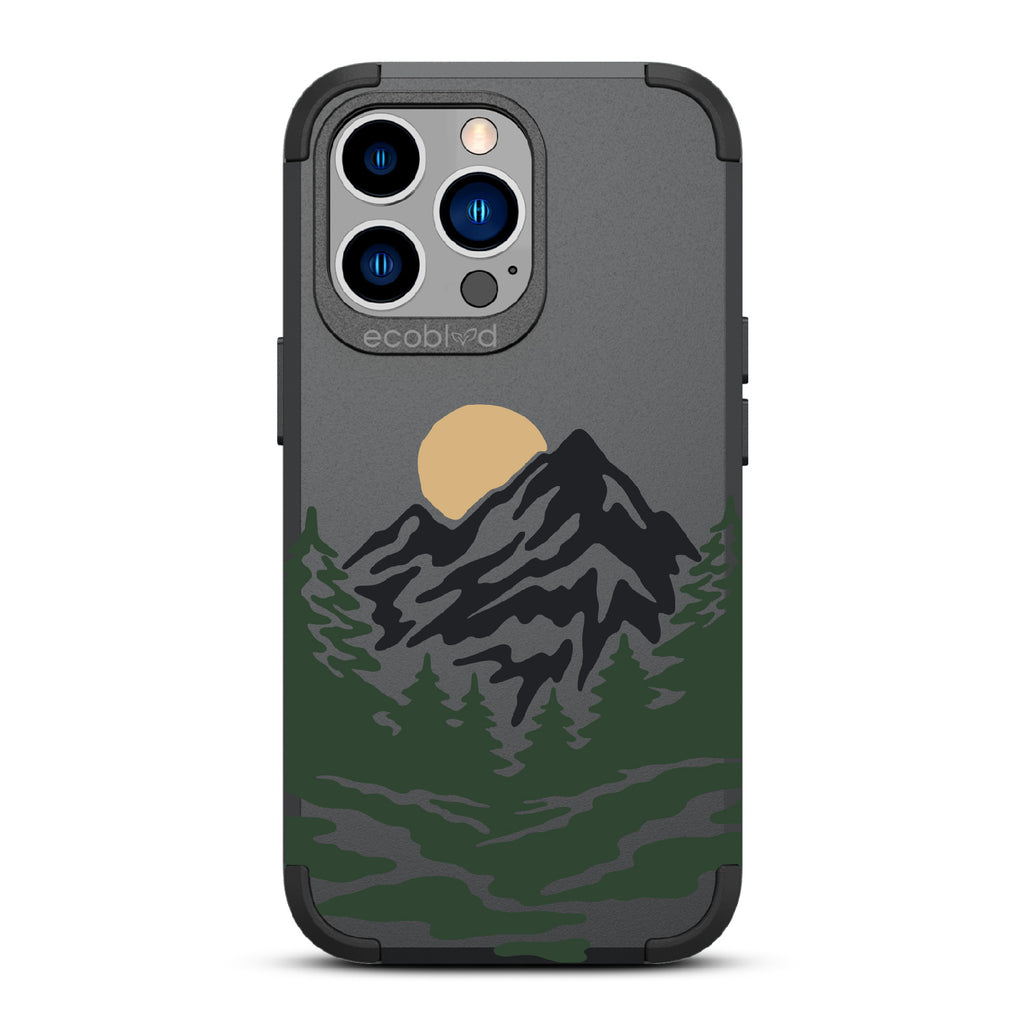 Mountains - Black Rugged Eco-Friendly iPhone 13 Pro Case With A Minimalist Moonlit Mountain Landscape On Back