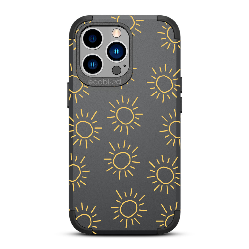 Sun - Black Rugged Eco-Friendly iPhone 13 Pro Case With Hand-Drawn Suns On Back