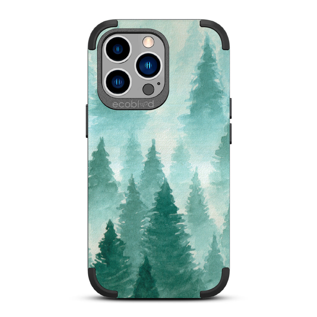 Winter Pine - Black Rugged Eco-Friendly iPhone 13 Pro Case With A Watercolor Pine Tree Forest Print On Back