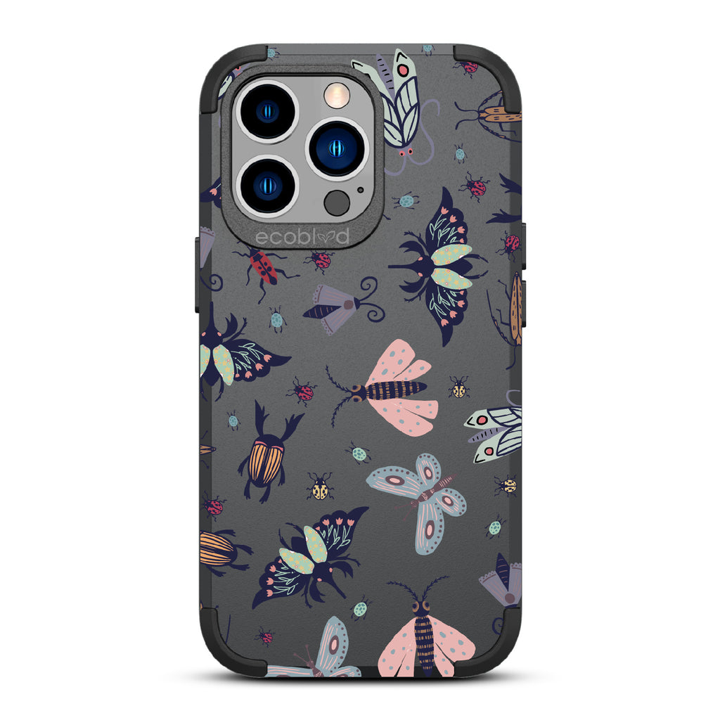 Bug Out - Black Rugged Eco-Friendly iPhone 13 Pro Case With Butterflies, Moths, Dragonflies, And Beetles On Back