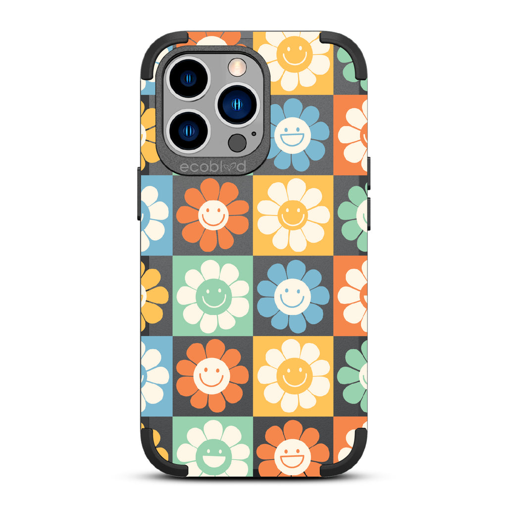 Flower Power - Black Rugged Eco-Friendly iPhone 12/13 Pro Max Case With70's Gingham Cartoon Flowers W/ Smiley Faces On Back