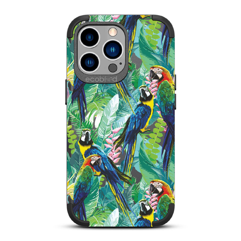 Macaw Medley - Black Rugged Eco-Friendly iPhone 13 Pro Case With Macaws & Tropical Leaves On Back