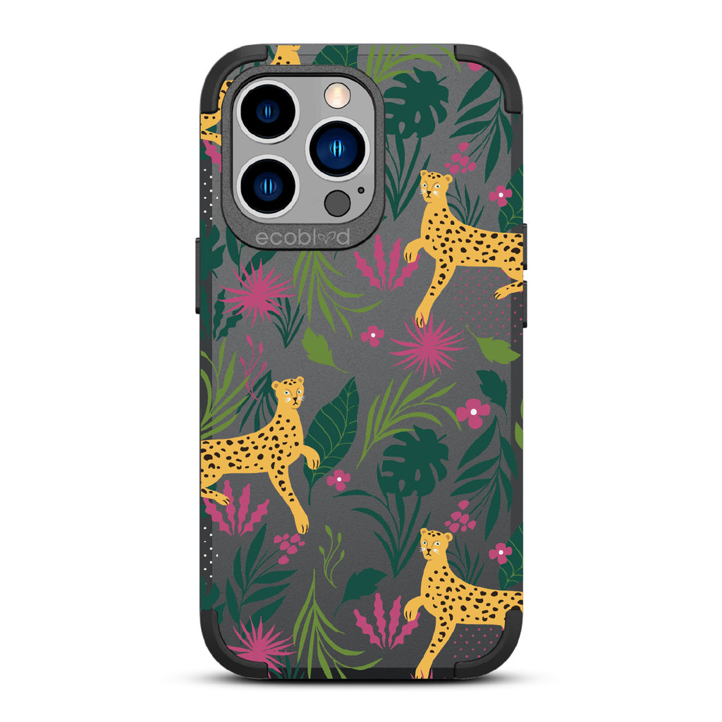 Jungle Boogie - Black Rugged Eco-Friendly iPhone 13 Pro With Cheetahs Among Lush Colorful Jungle Foliage