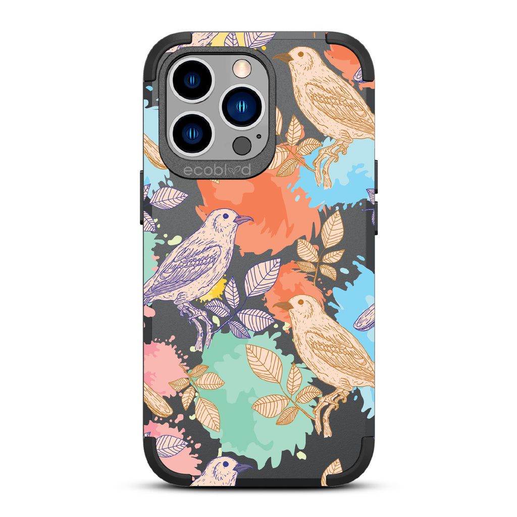 Perch Perfect - Black Rugged Eco-Friendly iPhone 13 Pro With Birds On Branches & Splashes Of Color
