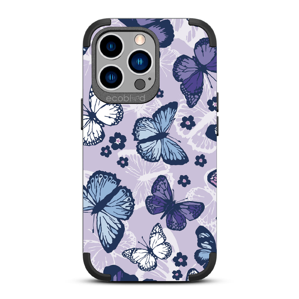 Deja Vu - Black Rugged Eco-Friendly iPhone 13 Pro With Blue, White, Purple Butterflies & Flowers + Lavender Background