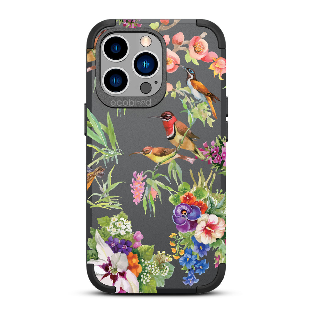 Sweet Nectar - Black Rugged Eco-Friendly iPhone 13 Pro With Hummingbirds, Colorful Garden Flowers