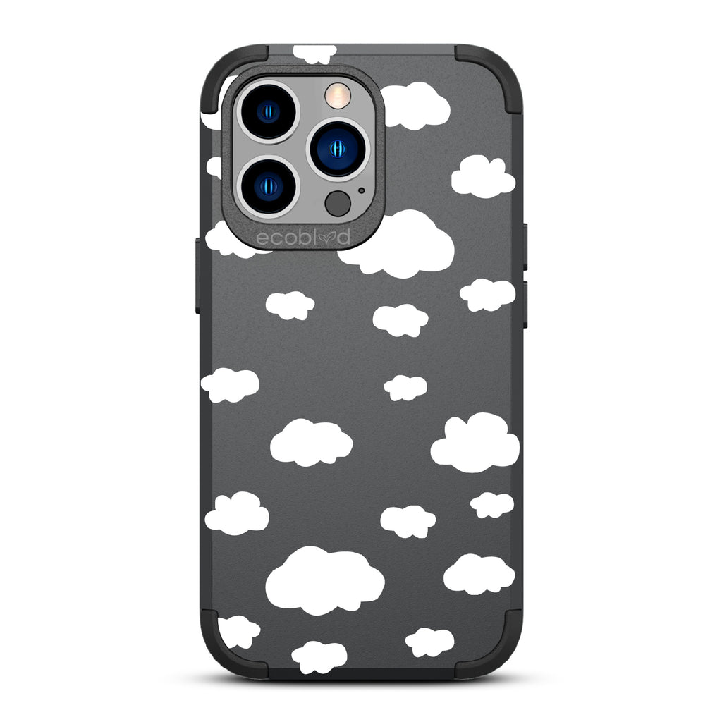 Clouds - Black Rugged Eco-Friendly iPhone 13 Pro Case With A Fluffy White Cartoon Clouds Print On Back