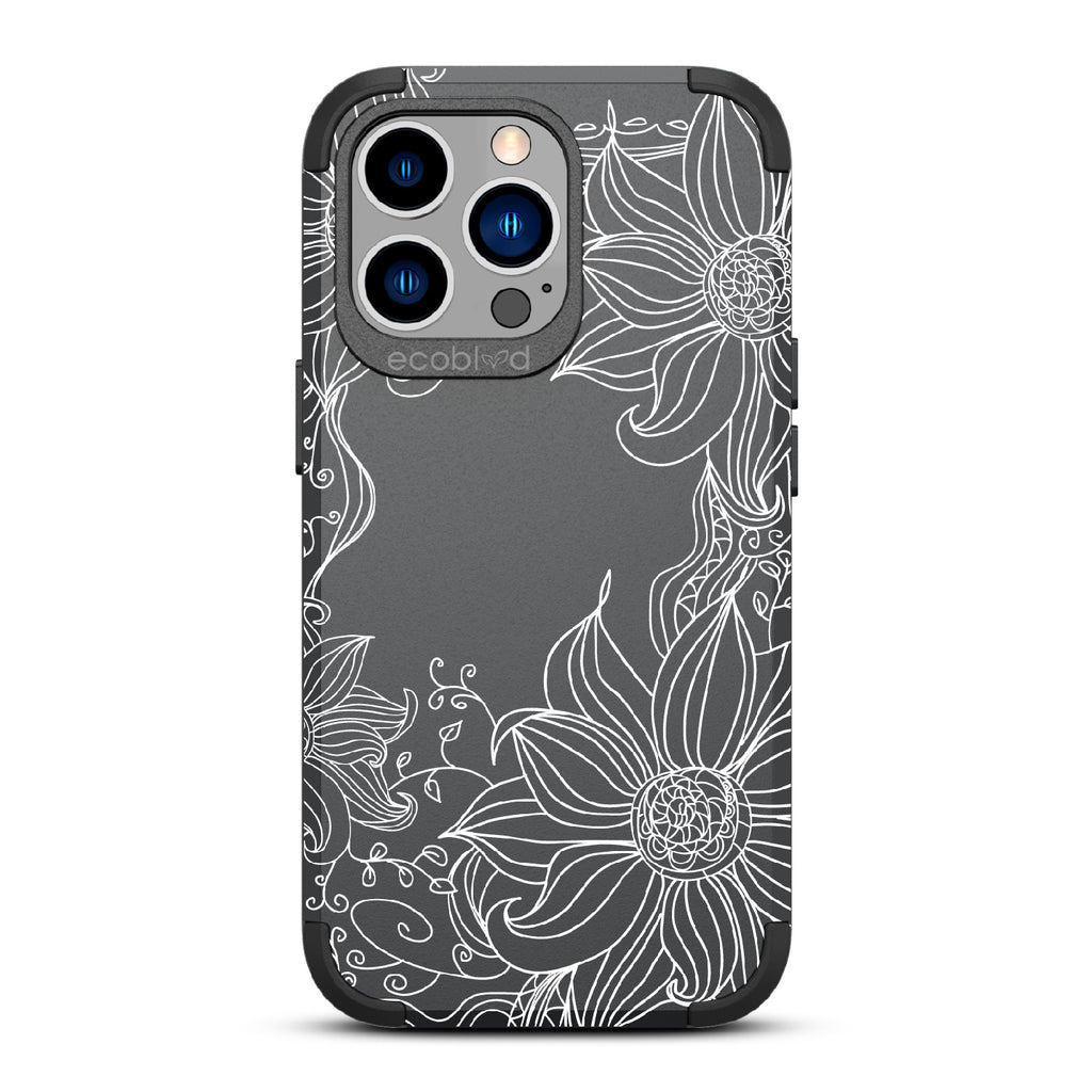 Flower Stencil - Black Rugged Eco-Friendly iPhone 13 Pro Case With A Sunflower Stencil Line Art Design  On Back