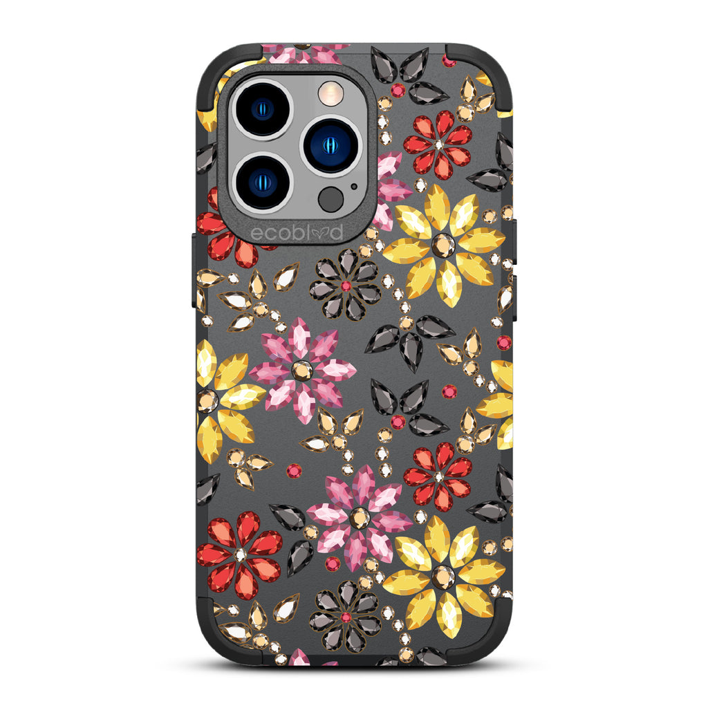 Bejeweled - Rhinestone Jewels In Floral Patterns - Black Eco-Friendly Rugged iPhone 13 Pro Case