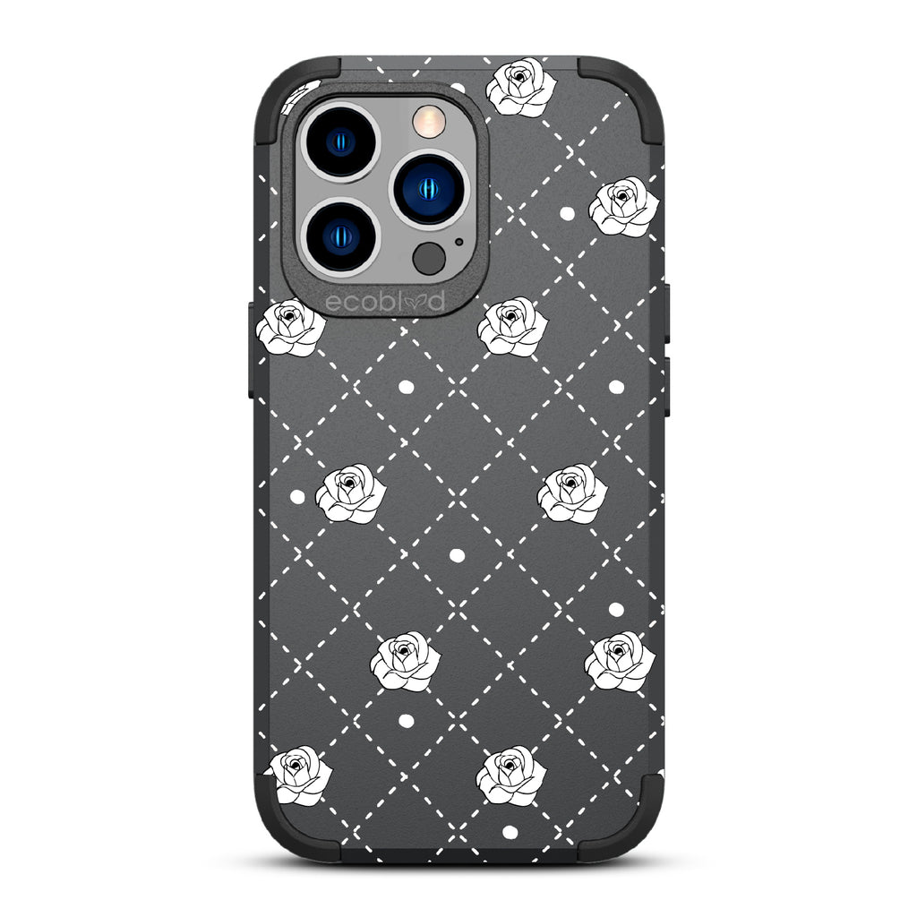 Rose To The Occasion - Black Rugged Eco-Friendly iPhone 13 Pro Case With Argyle Print, Black Dots & Black Roses On Back
