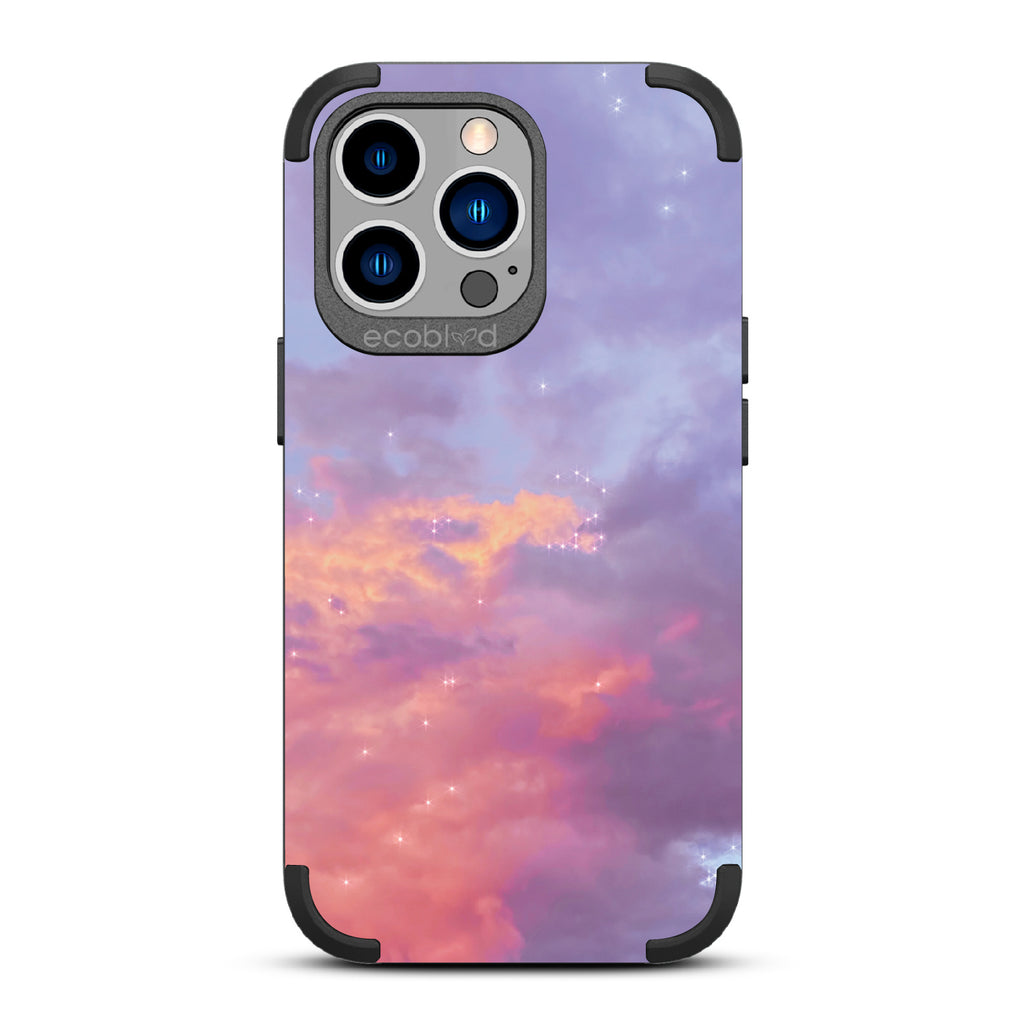  Star Crossed Lovers - Black Rugged Eco-Friendly iPhone 13 Pro Case With Cloudy Pastel Sunset With Stars  On Back