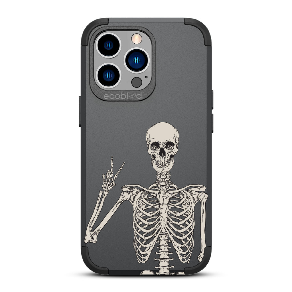 Creeping It Real - Black Rugged Eco-Friendly iPhone 12/13 Pro Max Case With Skeleton Giving A Peace Sign On Back