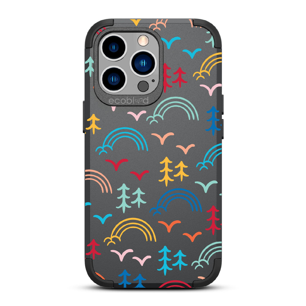 Happy Camper X Brave Trails - Black Rugged Eco-Friendly iPhone 13 Pro Case With Minimalist Trees, Birds, Rainbows