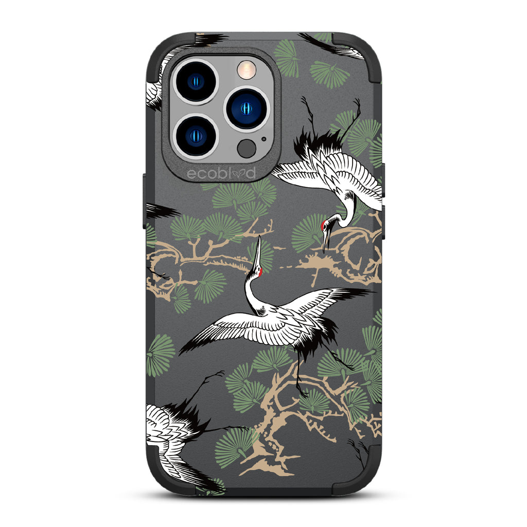 Graceful Crane - Black Rugged Eco-Friendly iPhone 13 Pro Case With Japanese Cranes Atop Branches On Back