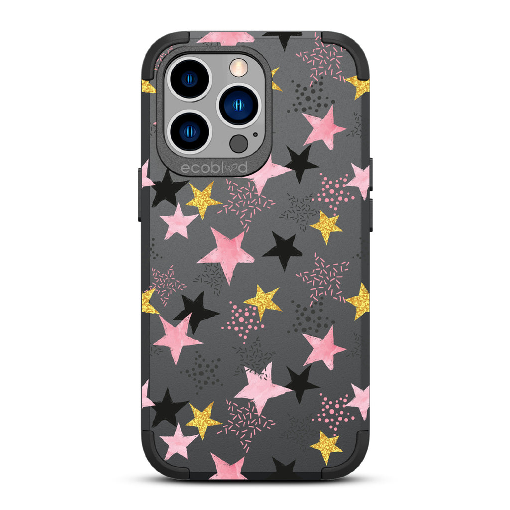 Champagne Supernova - Black Rugged Eco-Friendly iPhone 12/13 Pro Max Case With Pink, Black & Gold Stars In Solid & Polka Dot Patterns