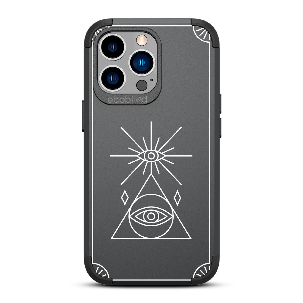 Tarot Card  - Black Rugged Eco-Friendly iPhone 13 Pro Case With An All-Seeing Eye Tarot Card On Back