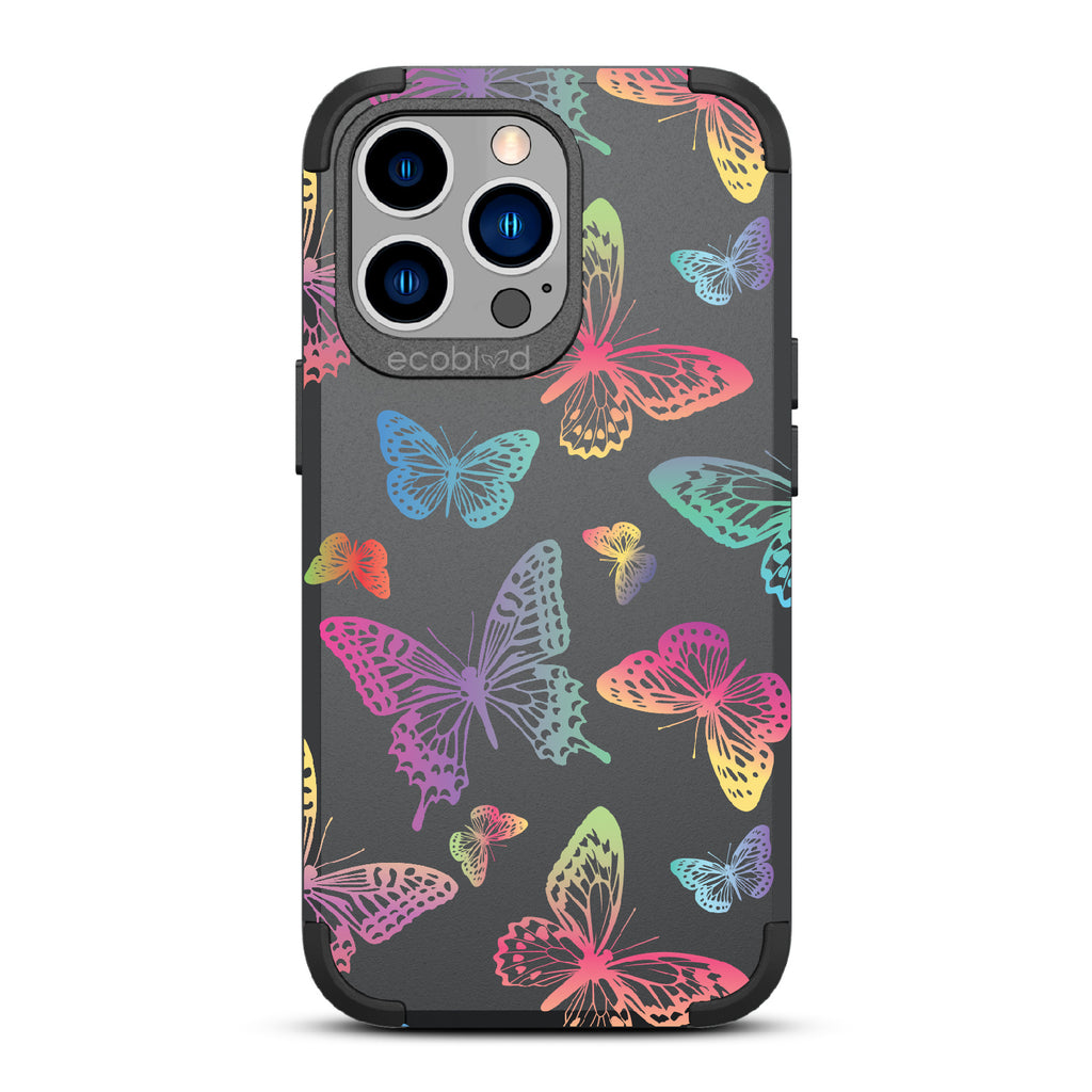 Butterfly Effect - Black Rugged Eco-Friendly iPhone 13 Pro Case With Multi-Colored Neon Butterflies On Back