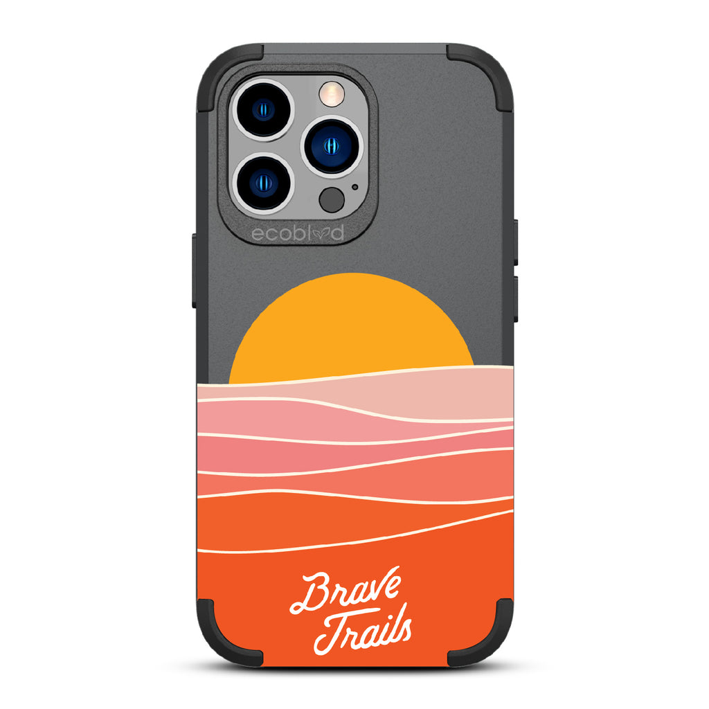 Enlightened X Brave Trails - Black Rugged Eco-Friendly iPhone 13 Pro Case With Sun Rising + Minimalist Hillside