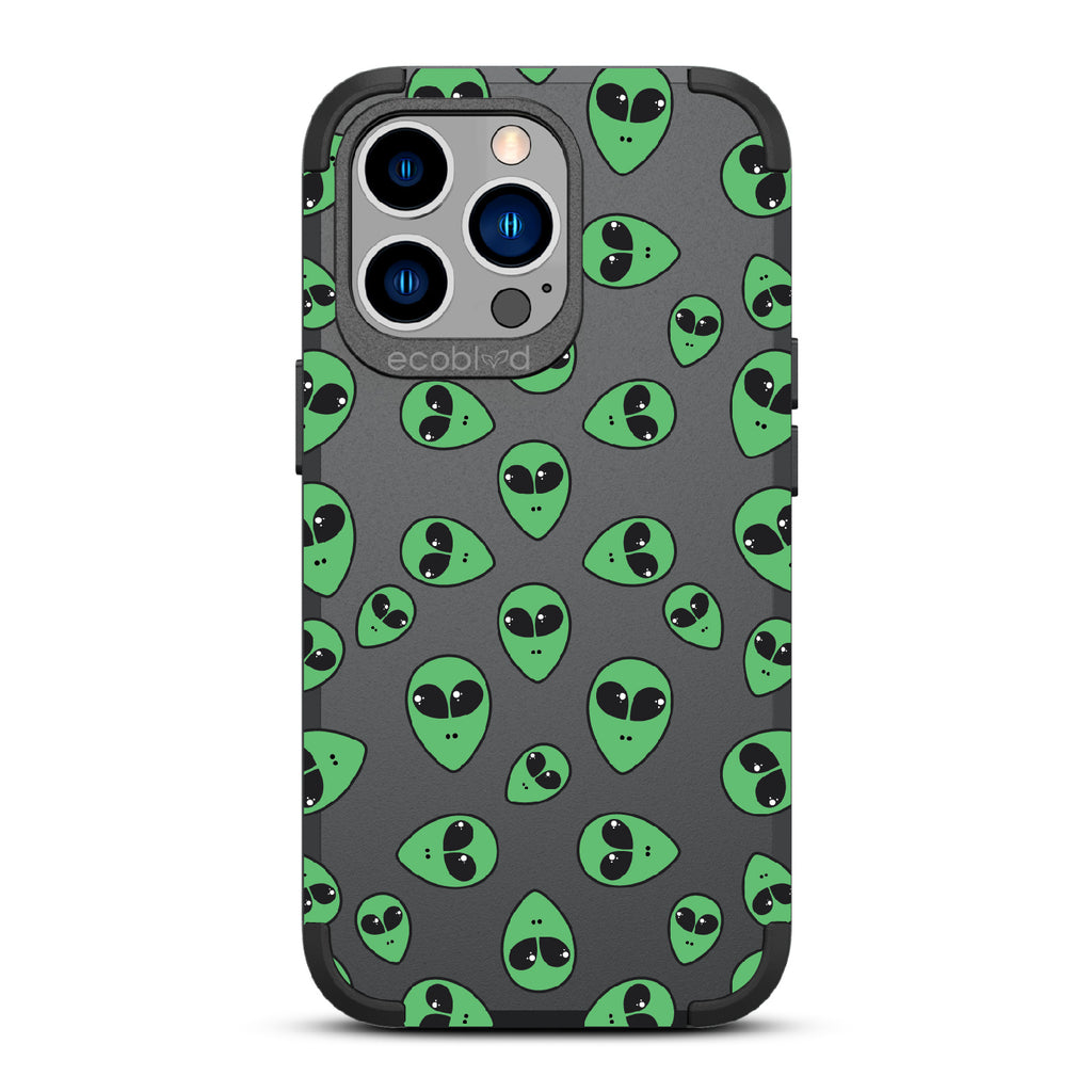 Aliens - Black Rugged Eco-Friendly iPhone 13 Pro Case With Green Cartoon Alien Heads On Back