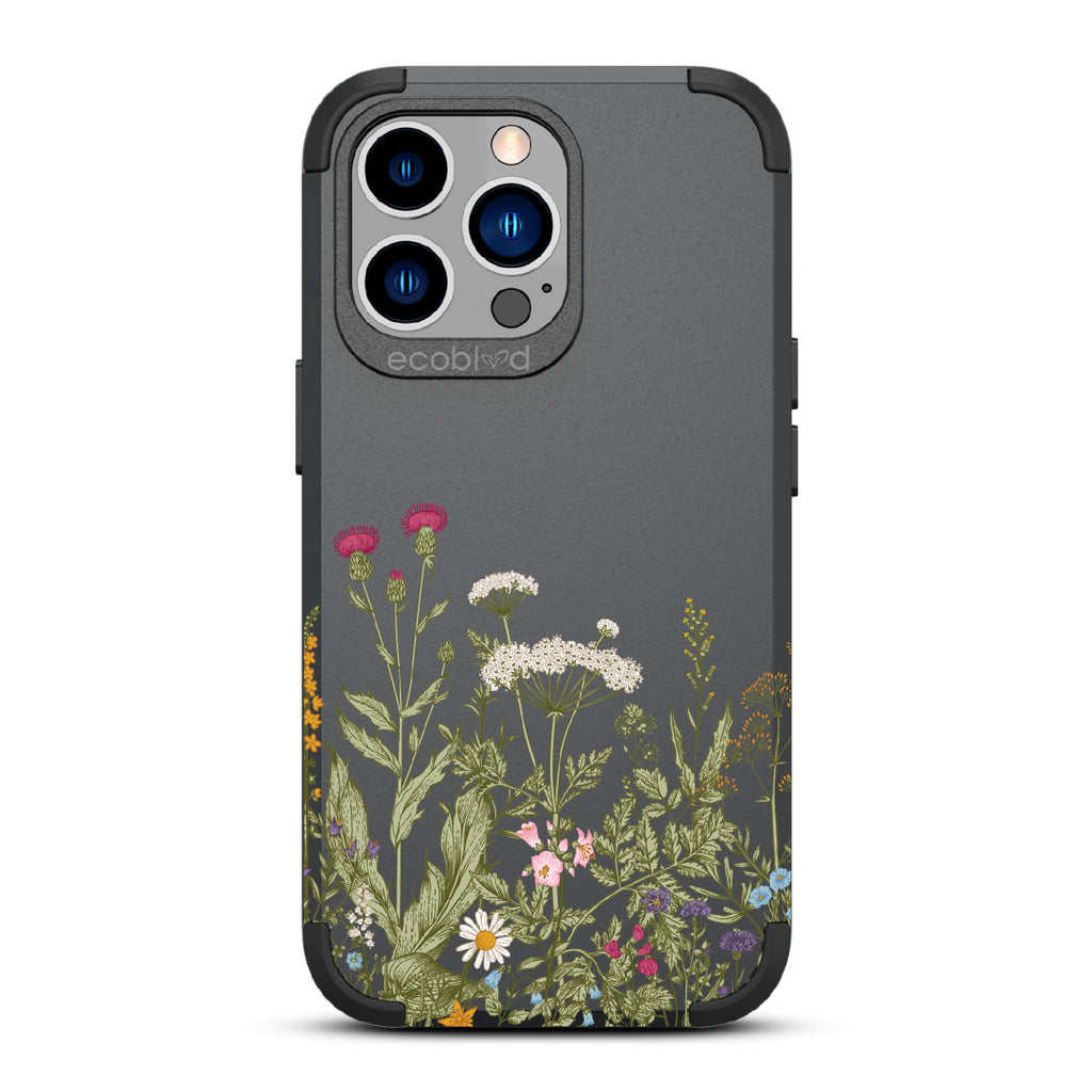 Take Root - Black Rugged Eco-Friendly iPhone 13 Pro Case With Wild Herbs & Flowers Botanical Herbarium