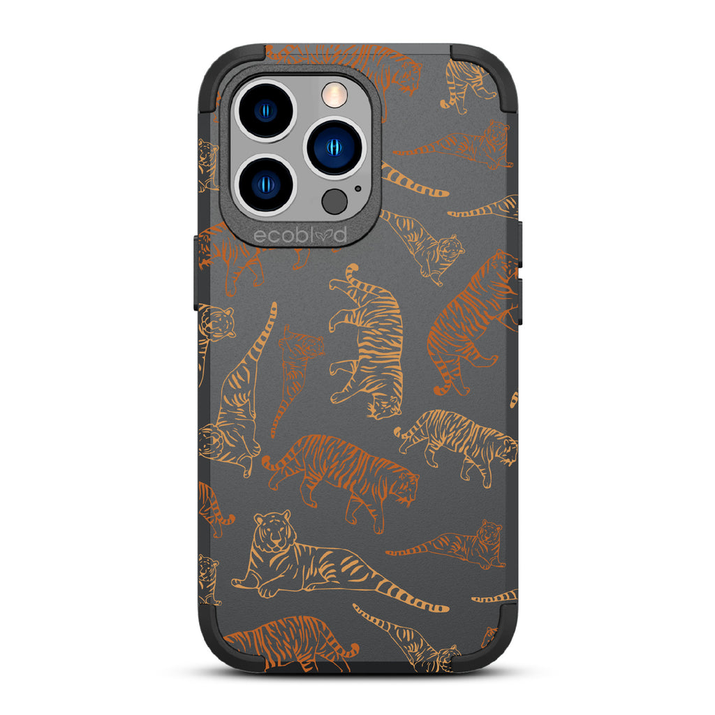 Tiger Pride - Black Rugged Eco-Friendly iPhone 13 Pro Case With Jungle Leaves & Orange / Yellow Tiger Outlines On Back