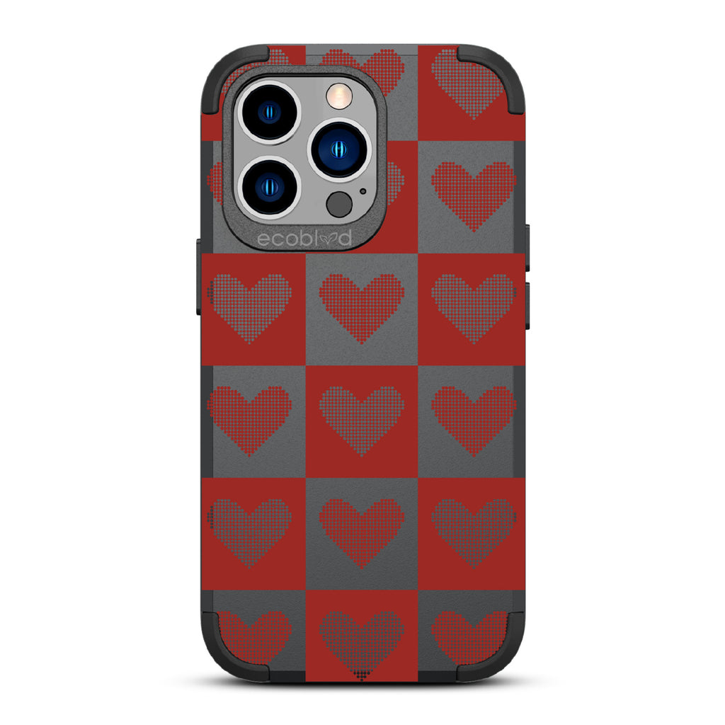 Quilty Pleasures - Black Rugged Eco-Friendly iPhone 13 Pro Case With Red Checkered Print With Knitted Hearts On Back