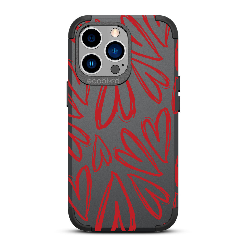 Heartfelt - Black Rugged Eco-Friendly iPhone 12/13 Pro Max Case With Painted / Sketched Red Hearts On Back