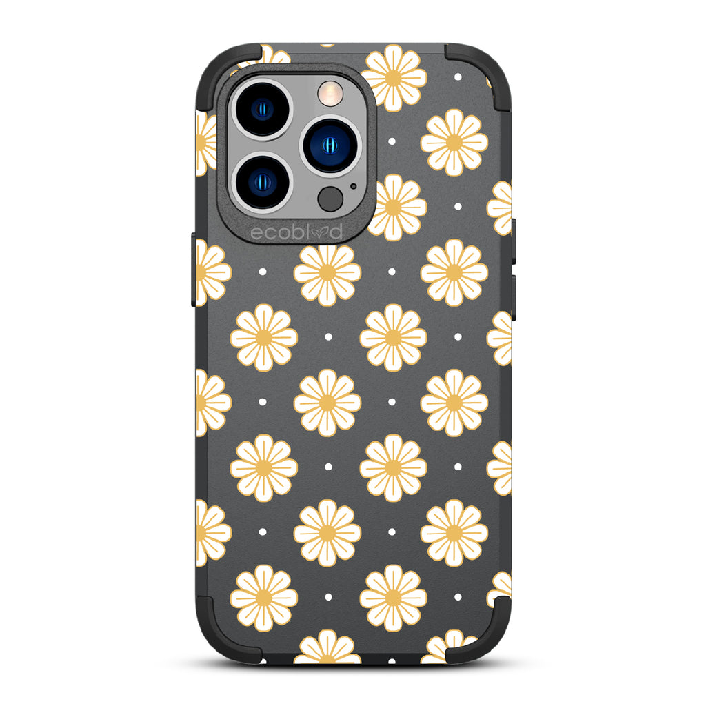 Daisy - Black Rugged Eco-Friendly iPhone 13 Pro Case With A White Floral Pattern Of Daisies & Dots On Back