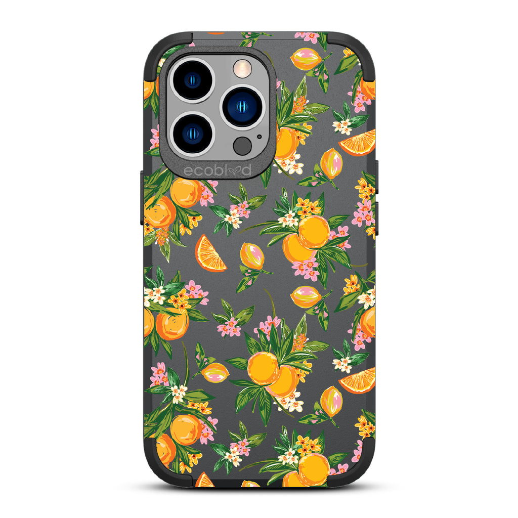 Orange Bliss - Black Rugged Eco-Friendly iPhone 13 Pro Case With Oranges, Orange Slices and Leaves On Back
