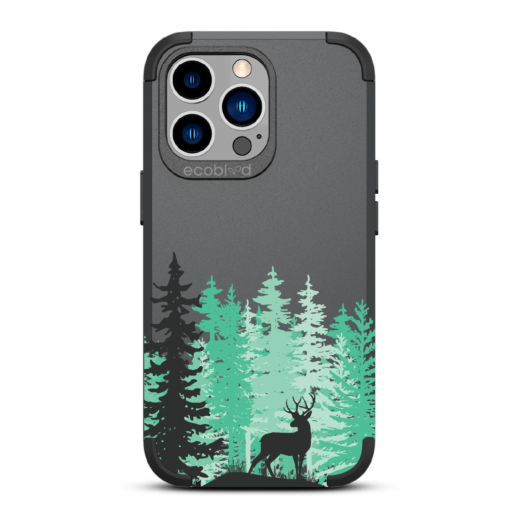 The Buck Stops Here - Black Rugged Eco-Friendly iPhone 13 Pro Case With Wild Stag Standing On Boulder In The Woods