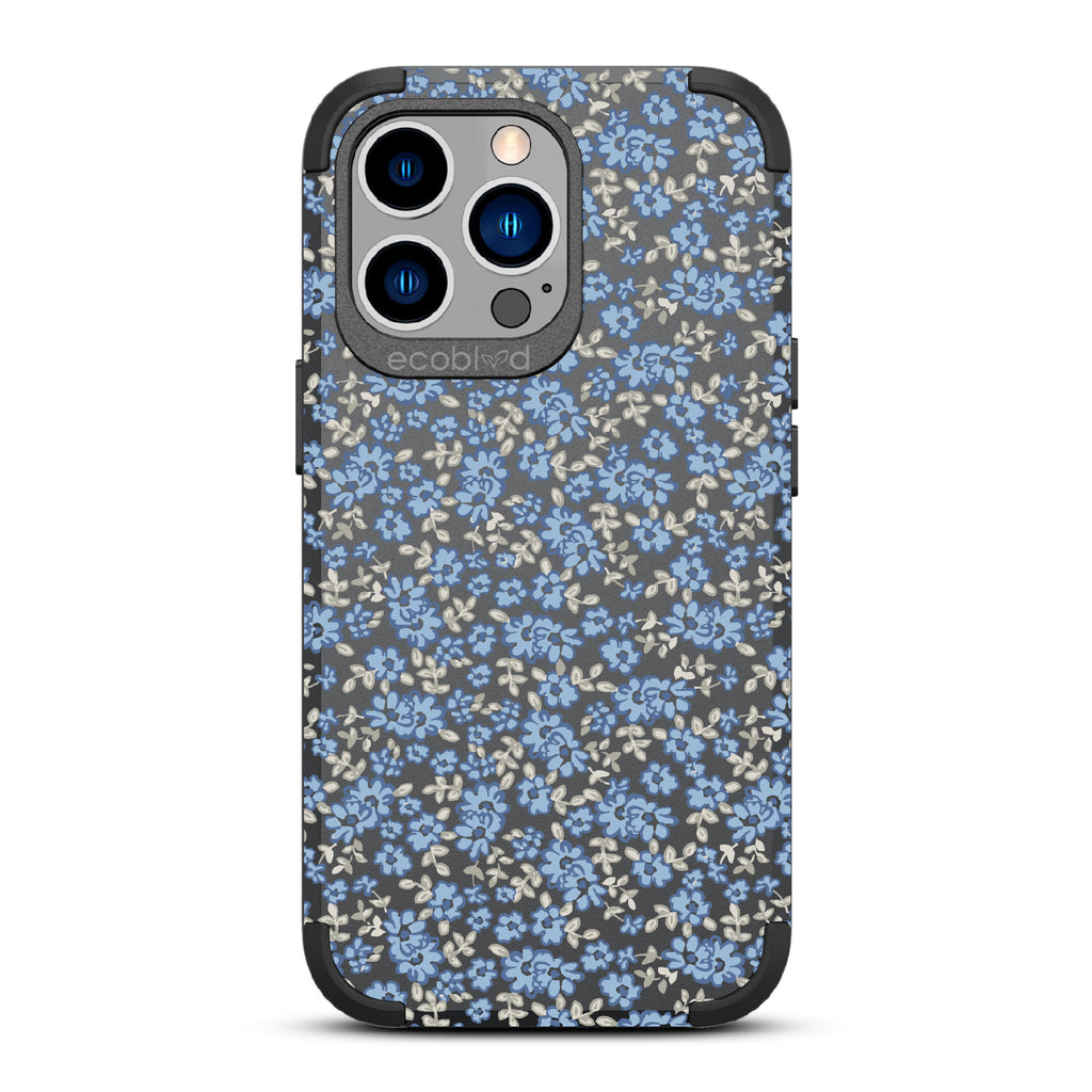 Ditsy Daze - Black Rugged Eco-Friendly iPhone 13 Pro Case With Vintage Forget-Me-Not Flowers On Back