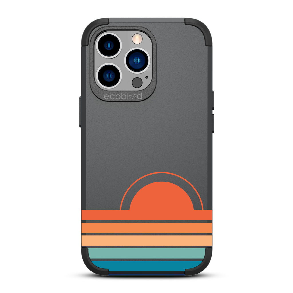 Rise N' Shine  - Black Rugged Eco-Friendly iPhone 12/13 Pro Max Case With A Sun Rising From Rainbow Stripes On Back