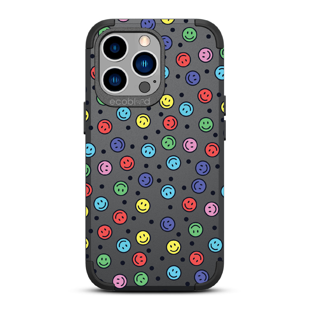 All Smiles - Black Rugged Eco-Friendly iPhone 13 Pro Case With Multicolored Smiley Faces & Black Dots On Back