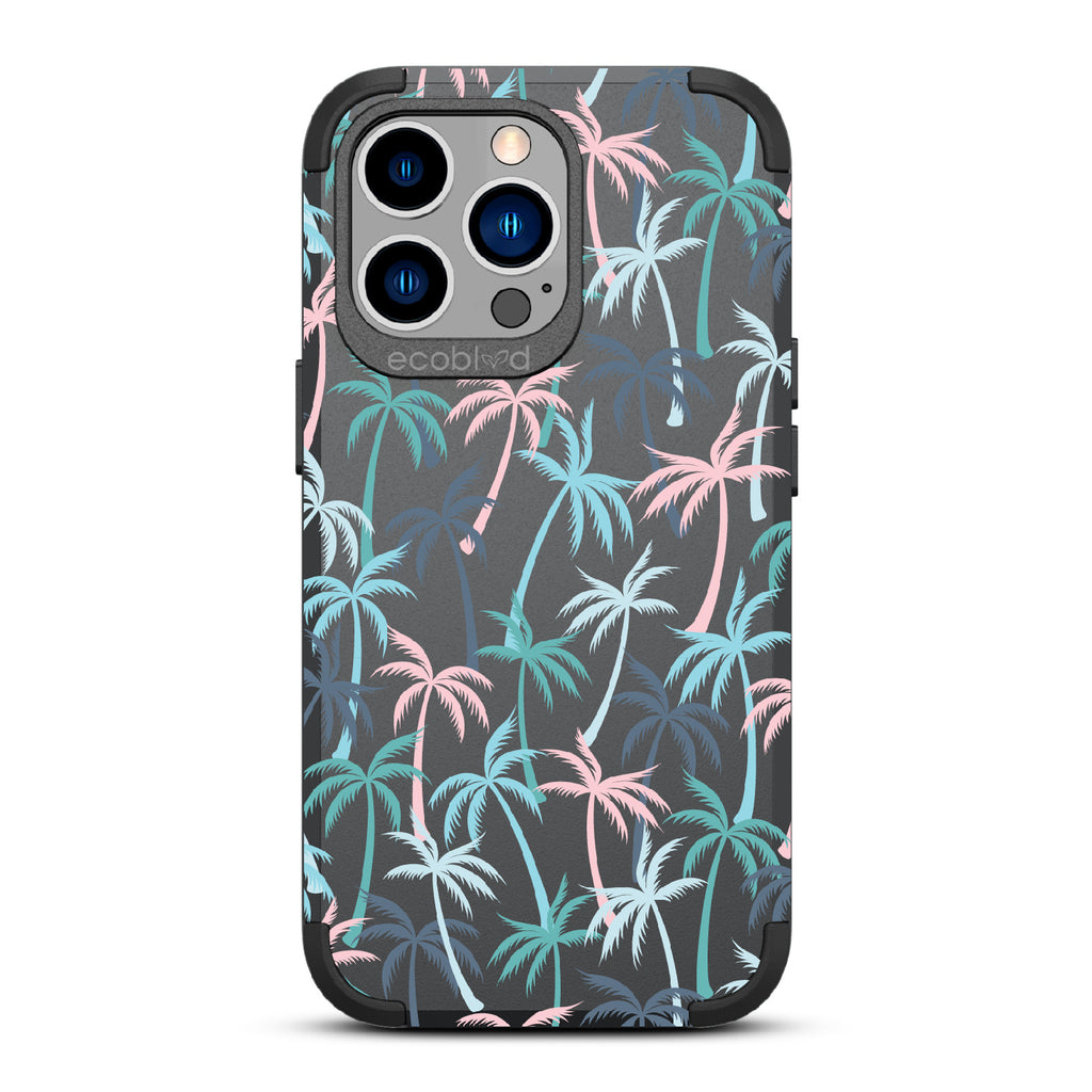 Cruel Summer - Black Rugged Eco-Friendly iPhone 12/13 Pro Max Case With Hotline Miami Colored Tropical Palm Trees On Back 